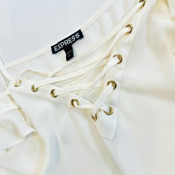 Express flowy chiffon lace up cream ruffle top - Picture 8 of 9
